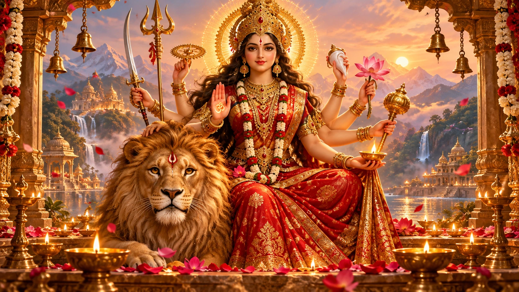 Durga e seu leão em um templo dourado
