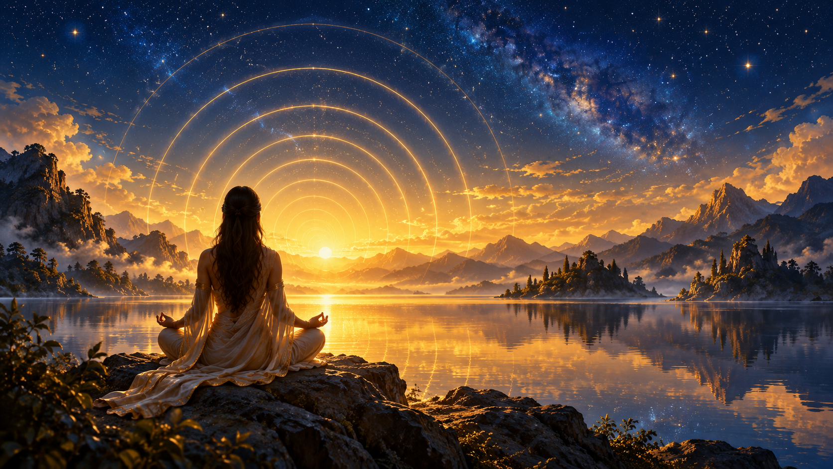 Pessoa em meditação diante de um lago, sob círculos de luz dourada e um céu azul estrelado